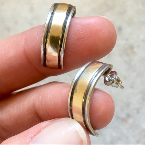 Stunning Artisan 14K Gold & Sterling Silver Half Hoop Earrings!